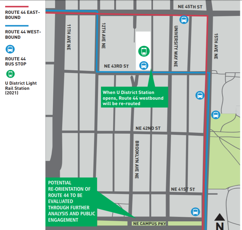 Draft concept shows SDOT plan to split Route 44 at 12th Avenue NE so westbound buses serve the 43rd Street entrance to U District Station and eastbound buses serve the 45th Street entrance. (SDOT)