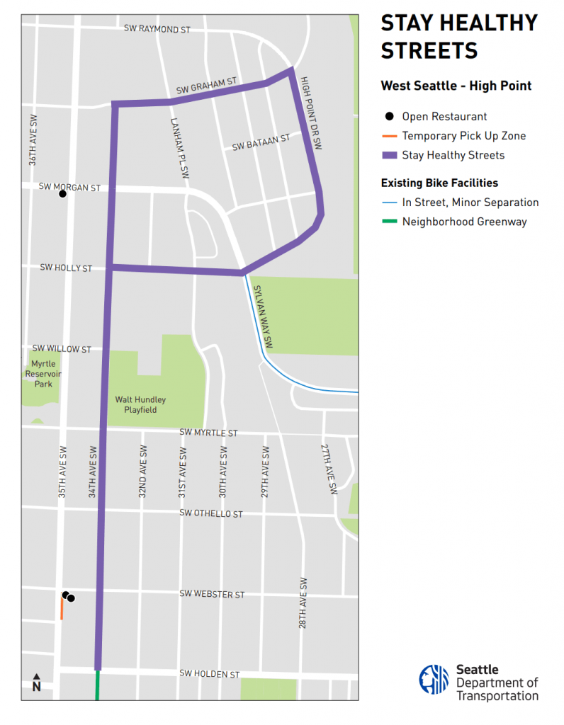 The route in High Point primarily uses 34th Ave SW, SW Graham St, and High Point Dr SW. (SDOT)