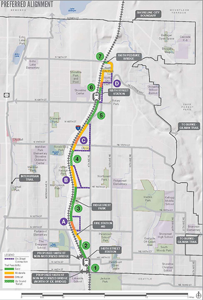 Preferred alignment of the non-motorized trail along the light rail corridor in Shoreline. (City of Shoreline)