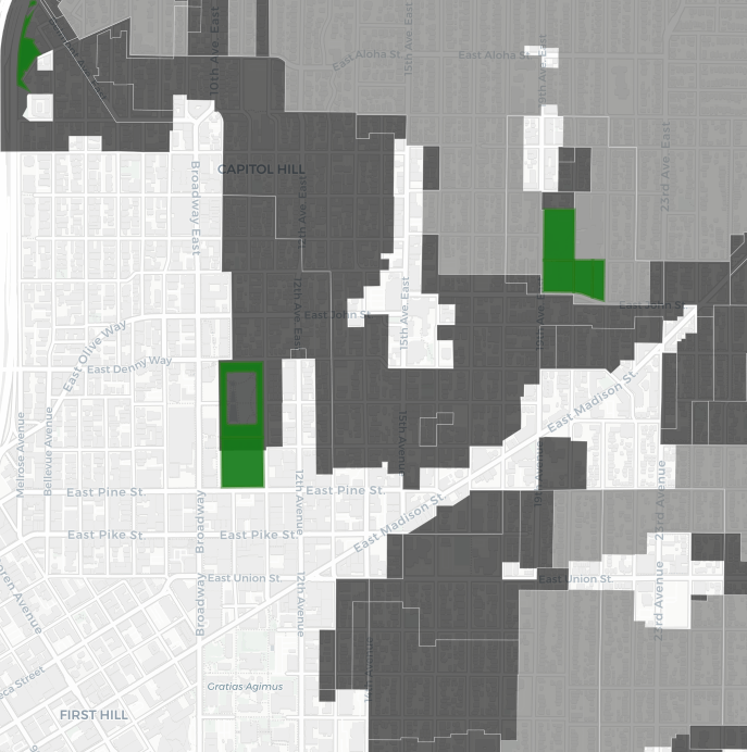 Capitol Hill: The green space are open spaces and the the dark gray is multifamily zoned land.