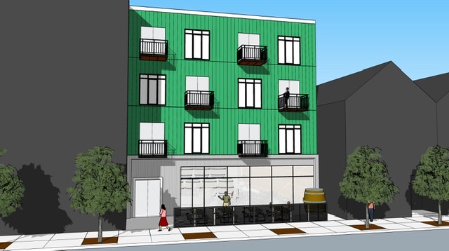 Residential units over ground level industrial use, in this case the chaperone use of a brewery taproom connected to the brewing facility behind. The structure can fit near most neighborhood apartment buildings as well as single-family quad townhomes. (Illustration by Ace Houston, AIA at House Cosmopolitan.)