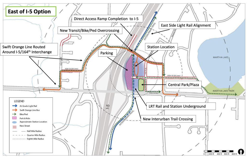 Snohomish County's preferred station location for Ash Way is east of I-5 and nearer Martha Lake Park. (Snohomish County)