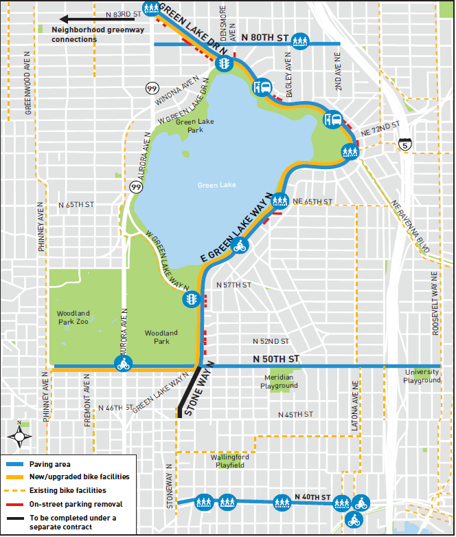 Map showing the planned footprint of the bike improvements around Green Lake Park. (City of Seattle)