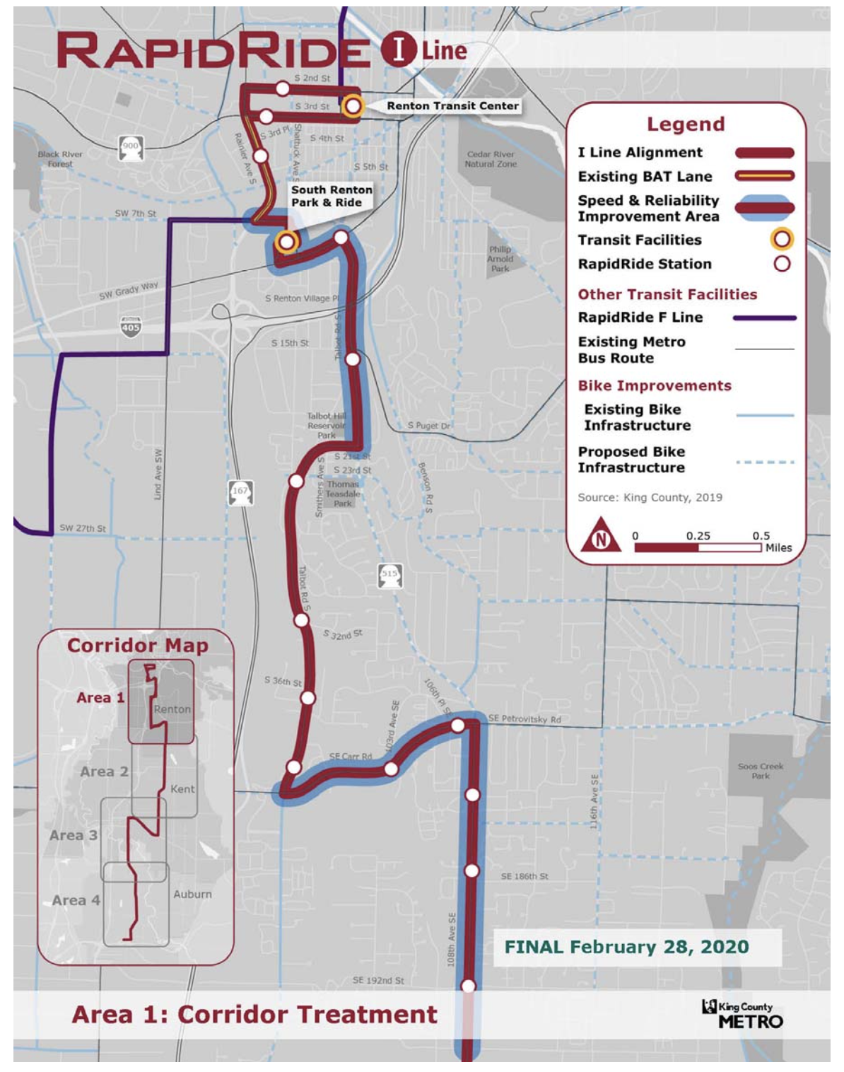 Area 1 of the RapidRide I Line corridor with proposed alignment, stops, and improvements. (King County)