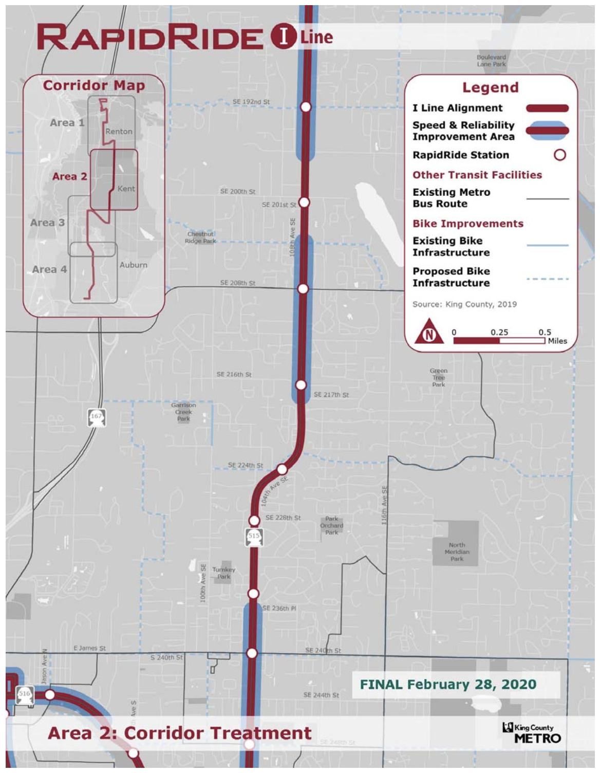 Area 2 of the RapidRide I Line corridor with proposed alignment, stops, and improvements. (King County)