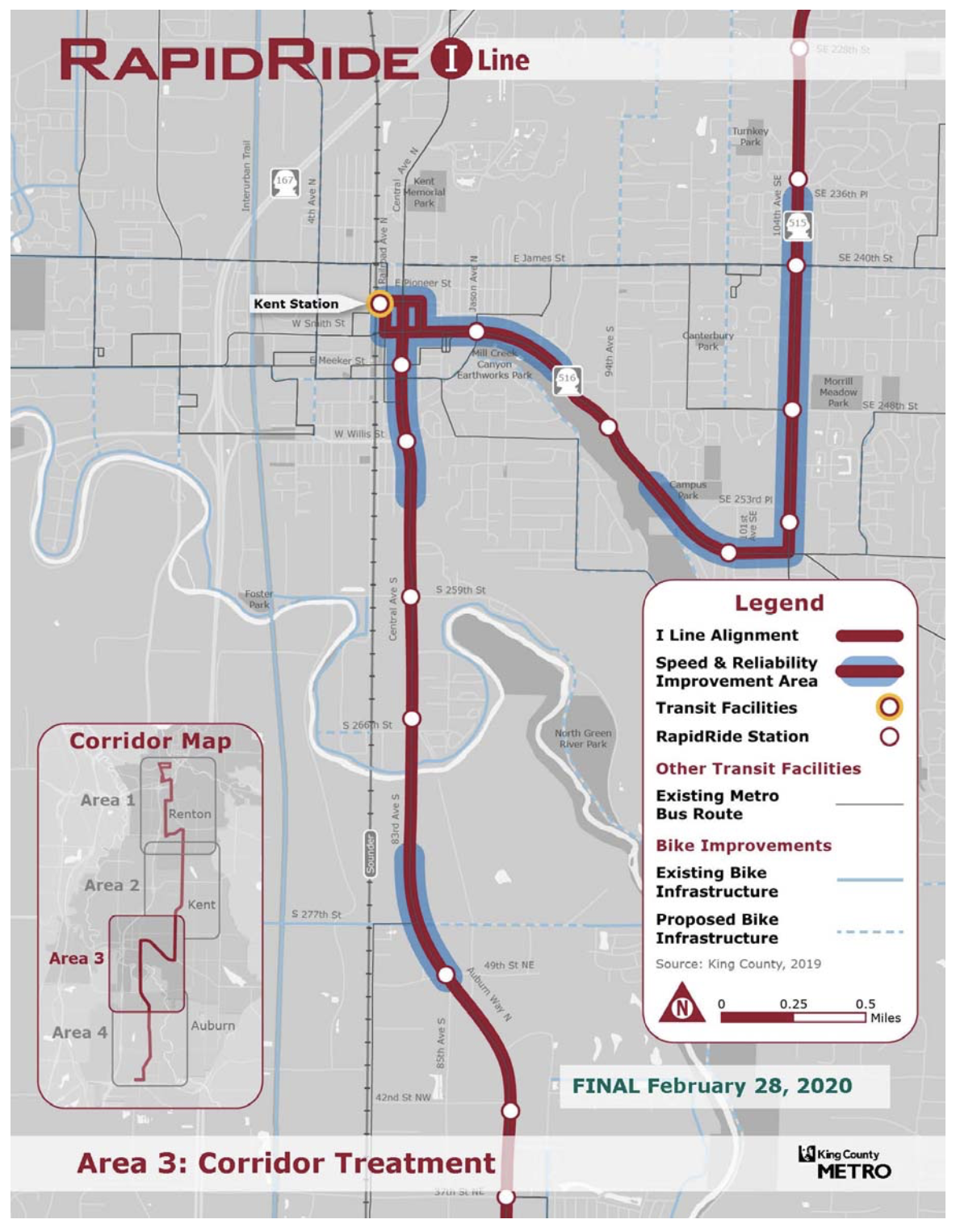 Area 3 of the RapidRide I Line corridor with proposed alignment, stops, and improvements. (King County)