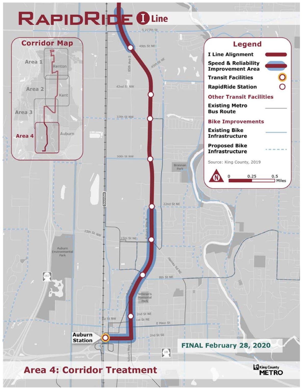 Area 4 of the RapidRide I Line corridor with proposed alignment, stops, and improvements. (King County)