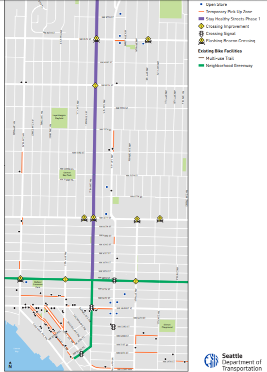 Bigger sized map of the Ballard Stay Healthy Streets corridor. (City of Seattle)
