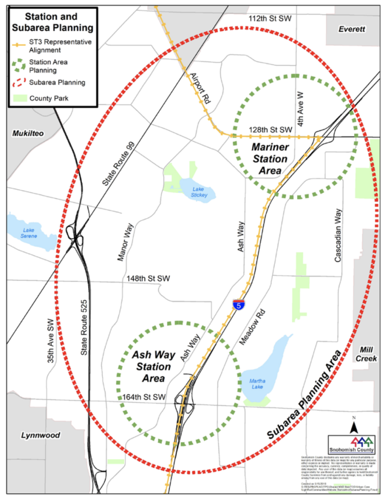 The station and subarea boundaries that Snohomish County is using for the county's Light Rail Communities program. (Snohomish County)