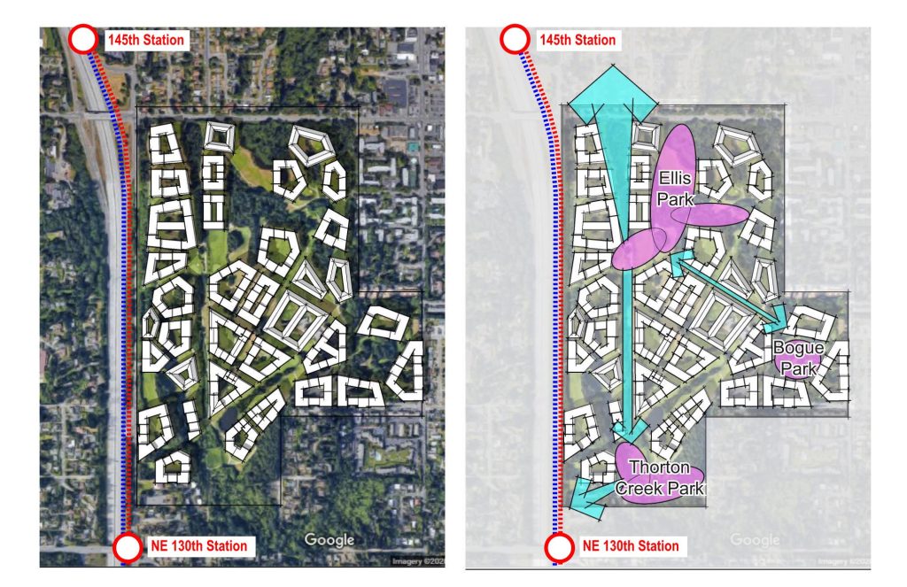 While protecting over 90% of the trees, we can create a walkable neighborhood connecting two light rail stops with key nodes of activity and two major parks named after key Seattle visionaries (image by author)