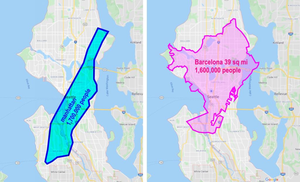 Seattle isn’t a small town, we are just planned and zoned like one. Seattle has plenty of space for dense housing growth to accommodate the current population trends (Images to scale by the author)