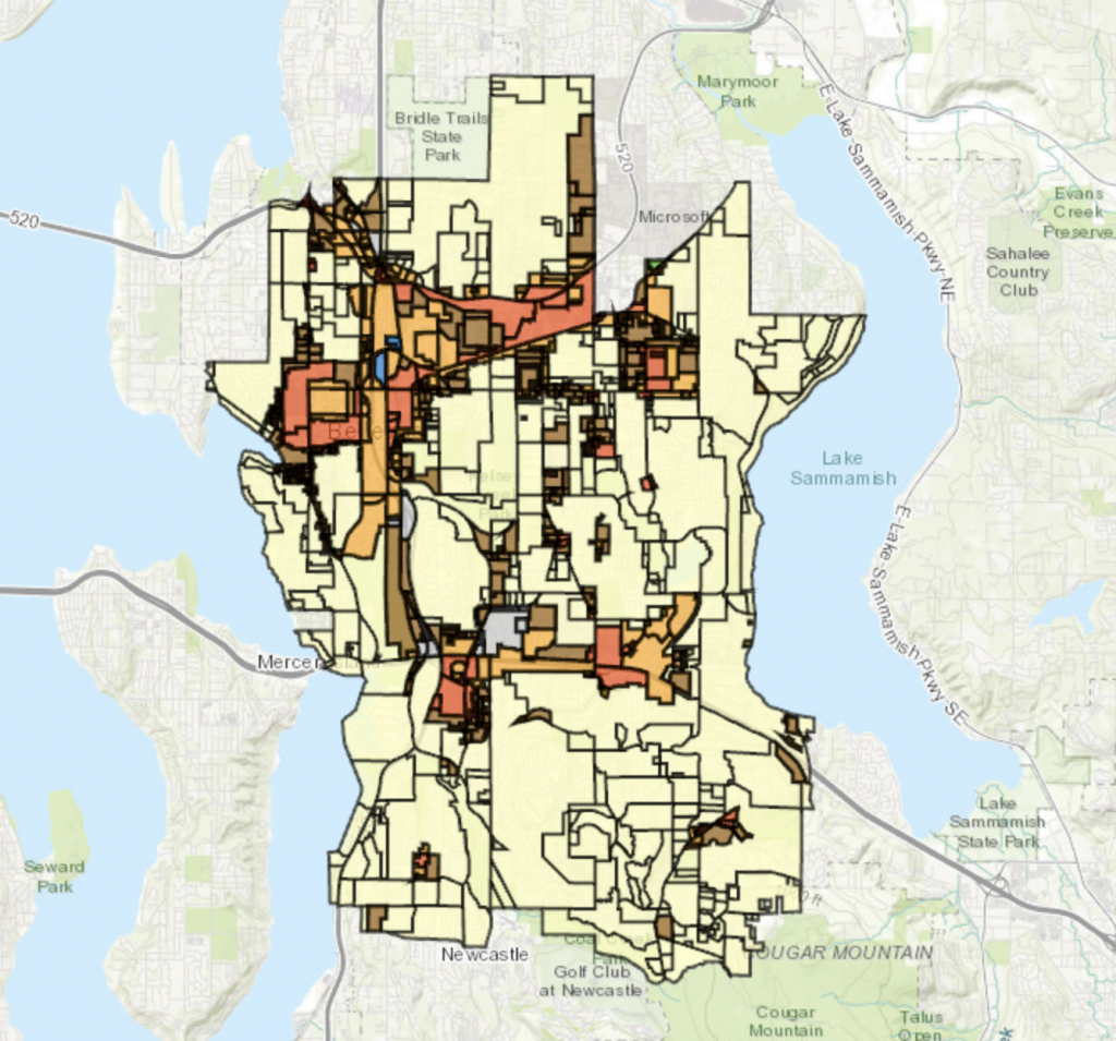 A zoning map of Bellevue shows mostly canary yellow for single family zones, except from downtown and narrow slivers along the freeways.