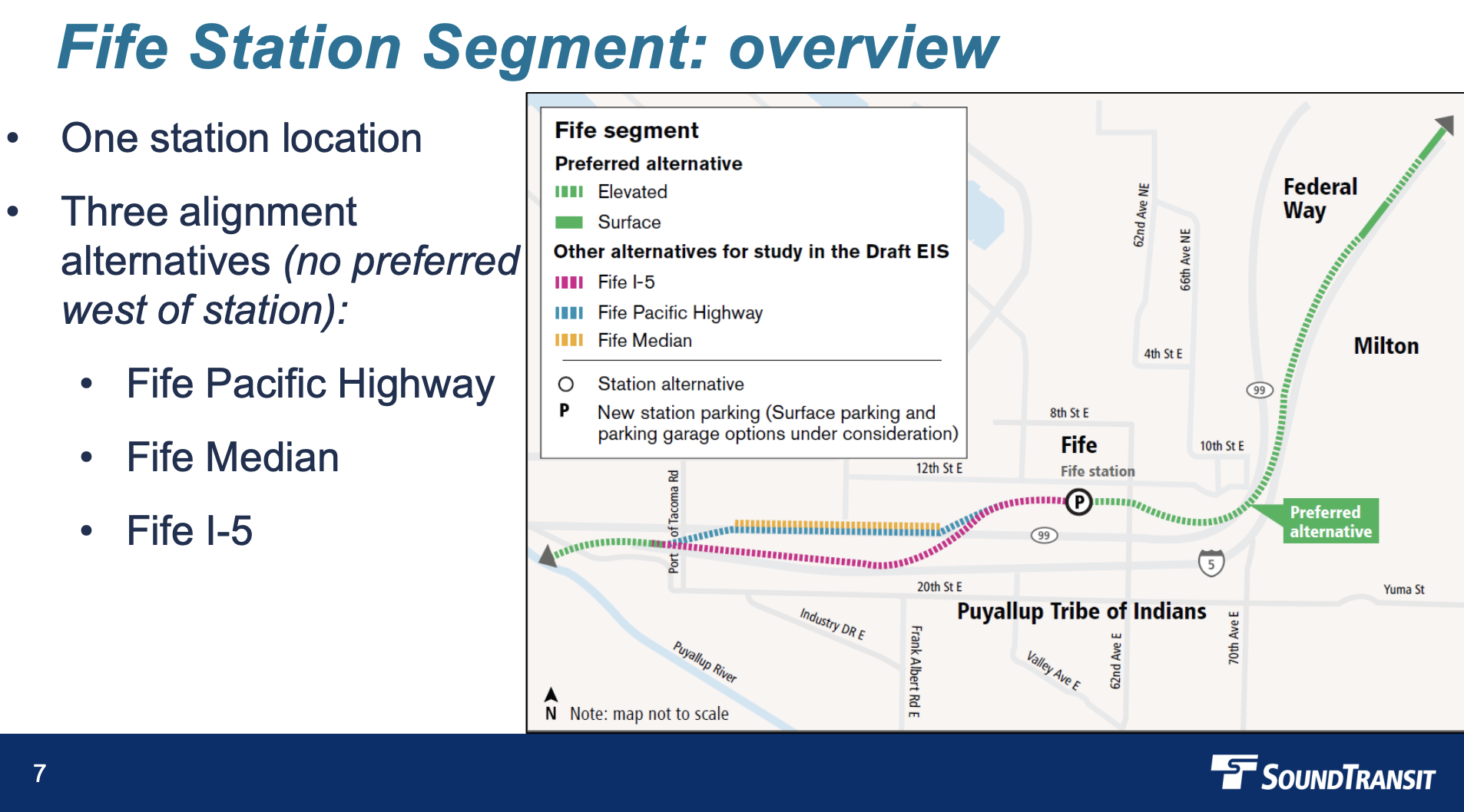 Overview of the Fife segment, including station and alignment options. (Sound Transit)