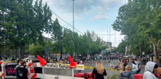 People look on a cordoned off Pine Street just before protesters add "Black Lives Matter Way" in big block letters. (Photo by author)