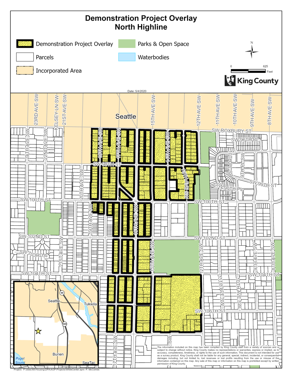 The zoning overlay in White Center where a demonstration project could be realized. (King County)