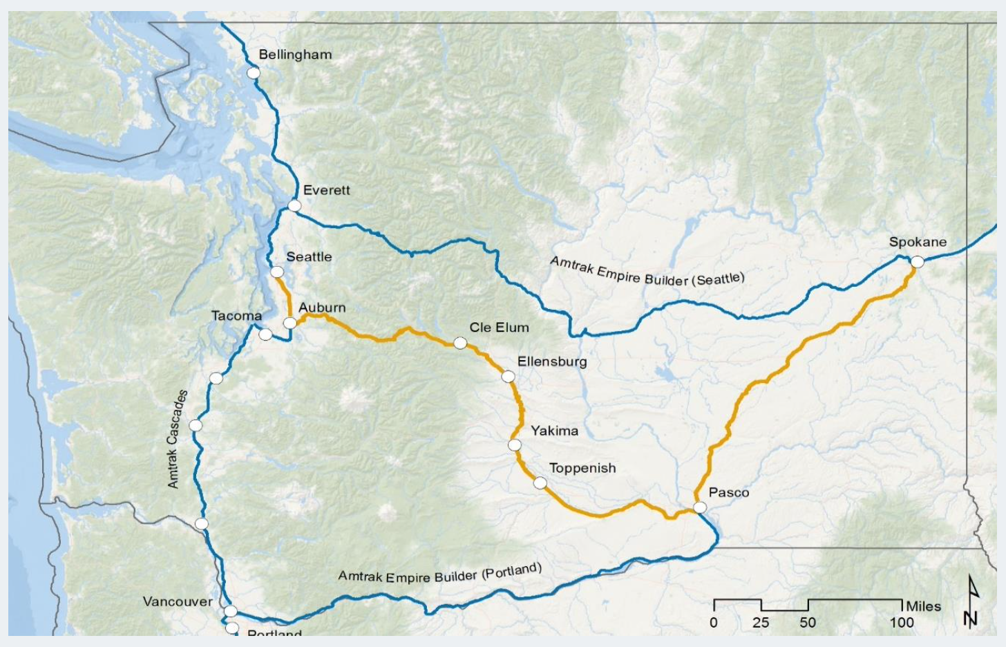 Gold line is the proposed east-west passenger rail corridor; blue lines are existing Amtrak passenger rail corridors. (WSJTC / Steer)