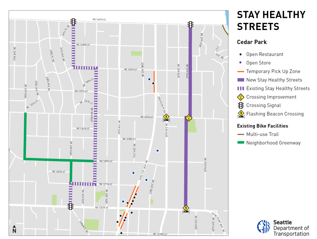 37th Avenue NE will be the Stay Healthy Street path by Cedar Park in Lake City. There's also an existing route on the western side of the neighborhood. (SDOT)