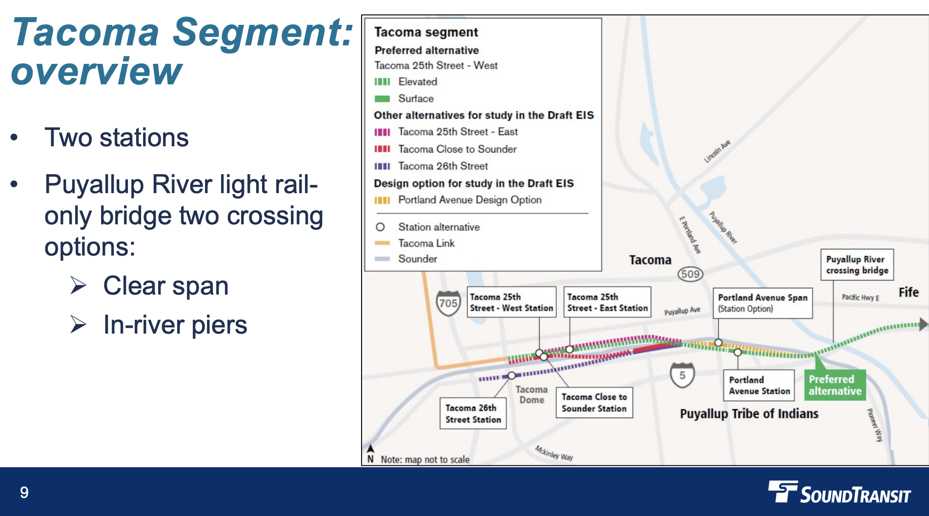 Overview of the Tacoma segment, including station and alignment options. (Sound Transit)