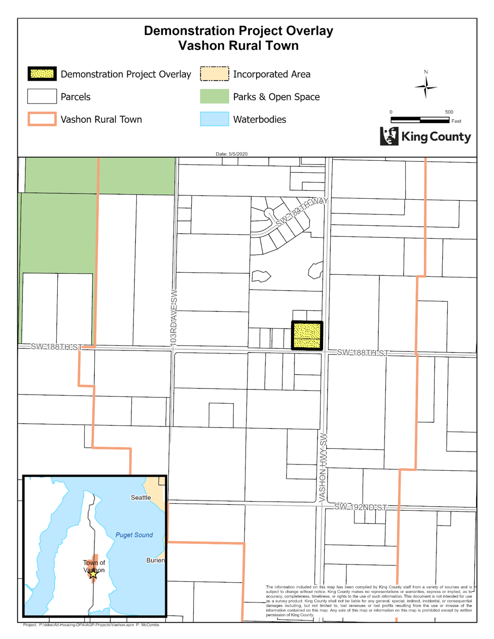 The zoning overlay in Vashon where a demonstration project could be realized. (King County)