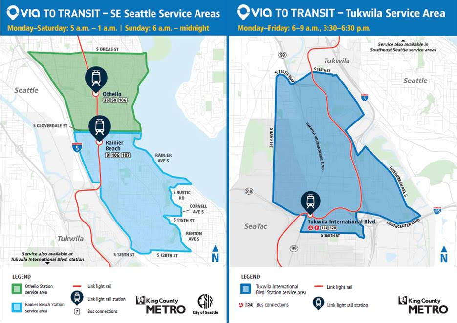 The Via to Transit service areas and operational times. (Credit: King County Metro)