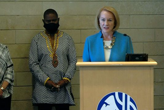 Mayor Durkan Pledges to Close the CHOP and Reopen East Precinct, Chastising ‘Agitators’ Mayor Jenny Durkan flanked by Andre Taylor at Monday press conference on the CHOP shooting. (Seattle Channel)