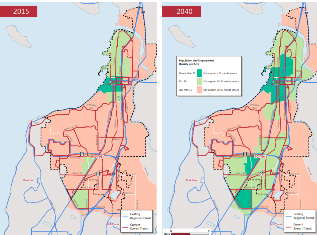 The City of Everett projects that much of the city (particularly along SR-99) will support frequent transit by 2040, but it lacks a plan to serve those needs via Everett Transit. (City of Everett)