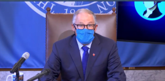 Governor Jay Inslee wears a mask at July 23rd press briefing. (Screen capture via TVW)