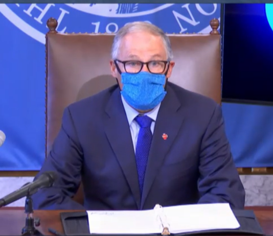 Governor Inslee Extends Eviction Moratorium to October 15th, Promises $100 Million in Rent Relief is on the Way Governor Jay Inslee wears a mask at July 23rd press briefing. (Screen capture via TVW)