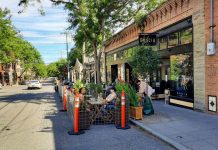 Seattle Considers Thinking About One Day Accepting Permits to Maybe Open Streets to Dining Patrons eat in a new parklet patio at Gracia in Ballard. (Photo by Doug Trumm)