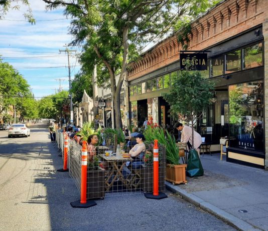 Seattle Considers Thinking About One Day Accepting Permits to Maybe Open Streets to Dining Patrons eat in a new parklet patio at Gracia in Ballard. (Photo by Doug Trumm)