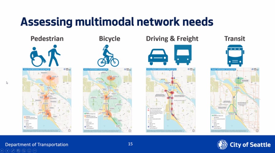Assessing multimodal network needs includes a heat maps for issues for pedestrian access, bicycling, driving and freight, and transit. (SDOT)
