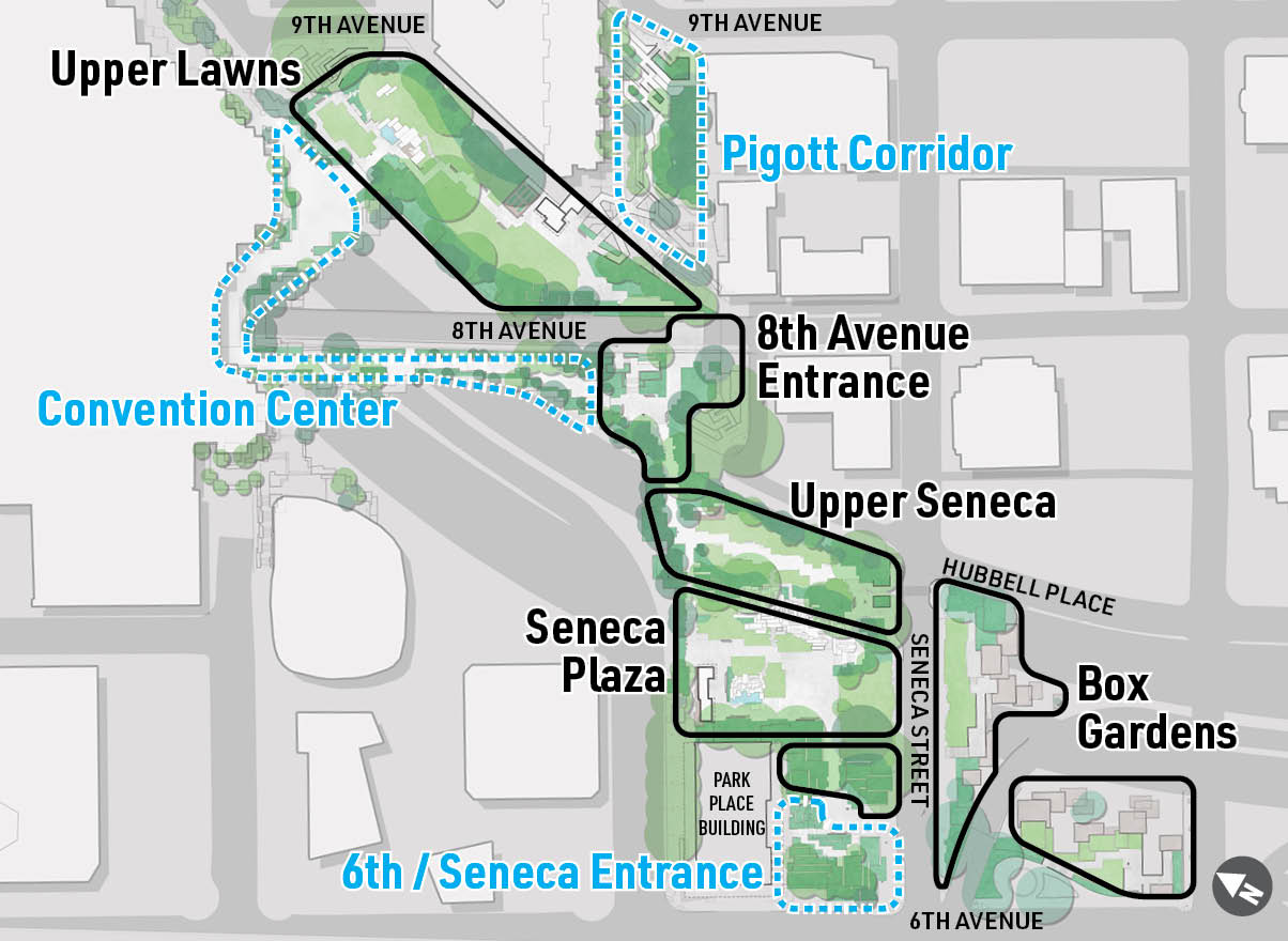 Park areas traced in black will be prioritized. Note that areas bordered by blue are owned by other parties and will see limited improvement. (City of Seattle)