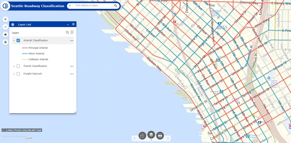 Almost every street downtown is a one-way street. With 60% of Downtown Seattle streets designated as Principal Arterials, the ability to convert parking spaces to outdoor seating is not part of the outdoor pilot program of waiving the permitting process. (City of Seattle)