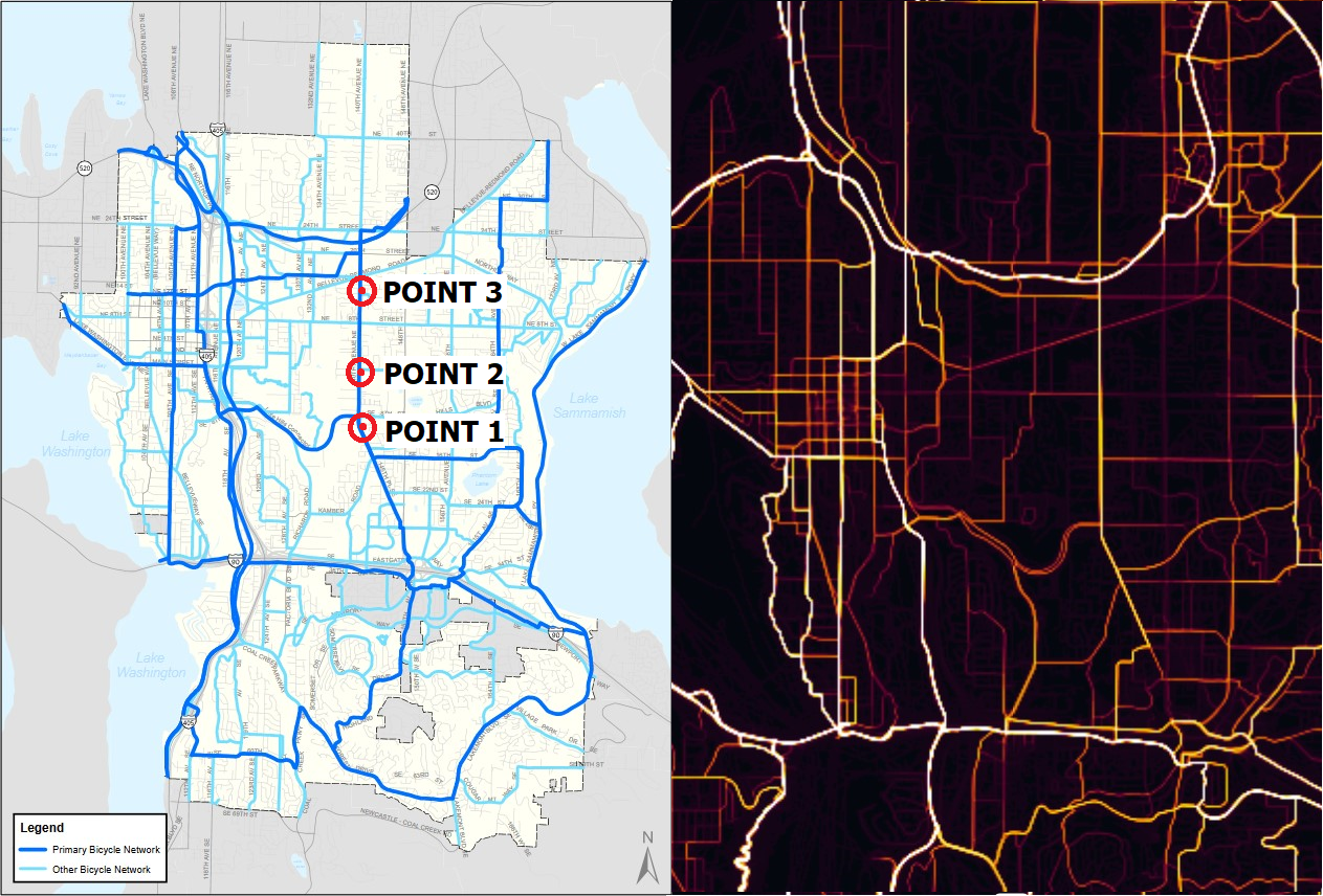 Left: Bellevue Bicycle Corridor map with study points marked in red. (Bellevue DOT) Right: Strava heat map for Bellevue. 140th Ave is an important corridor for people who walk, bike, and roll in central Bellevue. (Strava)