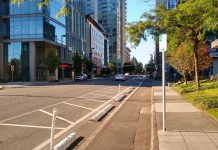 Paint Is Not Enough for Bellevue Bike Network 108th Avenue protected bike lane in Bellevue. (Photo by Chris Randels)