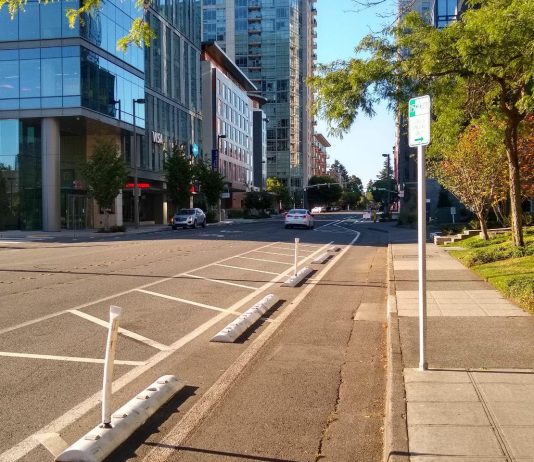 Paint Is Not Enough for Bellevue Bike Network 108th Avenue protected bike lane in Bellevue. (Photo by Chris Randels)
