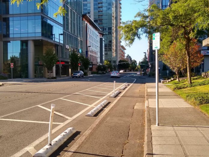 108th Avenue protected bike lane in Bellevue. (Photo by Chris Randels)