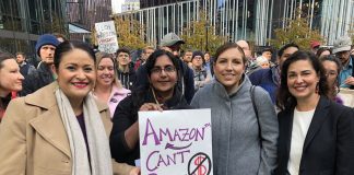 Councilmember Teresa Mosqueda with colleagues Tammy Morales to right and Lorena Gonzalez and Kshama Sawant to left during election rally at Amazon Spheres. (Credit: Teresa Mosqueda)