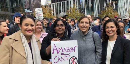Councilmember Teresa Mosqueda with colleagues Tammy Morales to right and Lorena Gonzalez and Kshama Sawant to left during election rally at Amazon Spheres. (Credit: Teresa Mosqueda)