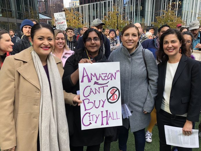 Rally against Amazon Money Bomb Councilmember Teresa Mosqueda with colleagues Tammy Morales to right and Lorena Gonzalez and Kshama Sawant to left during election rally at Amazon Spheres. (Credit: Teresa Mosqueda)