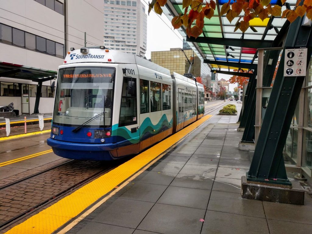 Sound Transit's streetcar in Downtown Tacoma. Work on Tacoma's Hilltop streetcar extension continues, but further extensions are shelved until Sound Transit grapples with Covid-related budget impacts. (Doug Trumm)