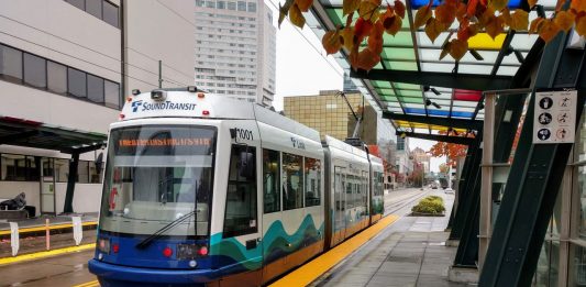 Sound Transit's streetcar in Downtown Tacoma. Work on Tacoma's Hilltop streetcar extension continues, but further extensions are shelved until Sound Transit grapples with Covid-related budget impacts. (Doug Trumm)