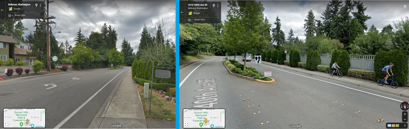 Left: Looking north on 145th Pl towards the study point. (Google Streetview) Right: A closer look of the median, curve, and bicycle facilities on both sides of the street. For the majority of people who do not feel comfortable cycling next to motor vehicles unprotected, the sidewalk is currently the only safe option. (Google StreetView)