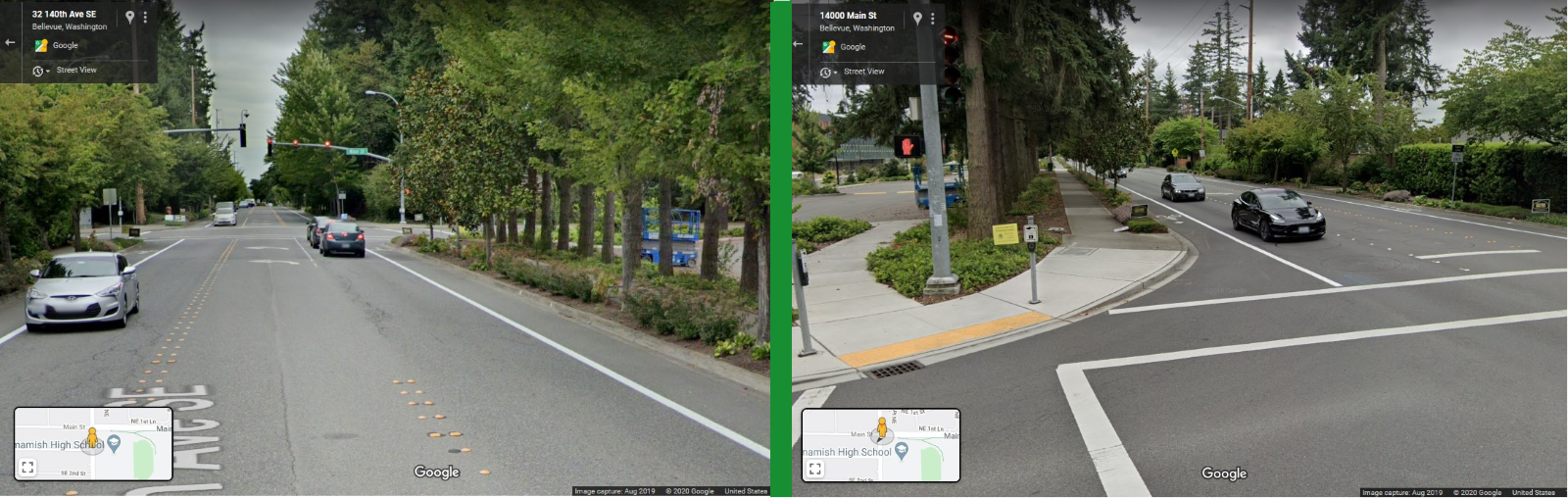 Left: 140th Ave looking northward as one approaches Main Street. (Google Streetview) Right: Looking South on 140th Ave from Main Street. Note the nearly two car lengths of space from the crosswalk to where the curb starts to curve to accommodate turning drivers. (Google Streetview)