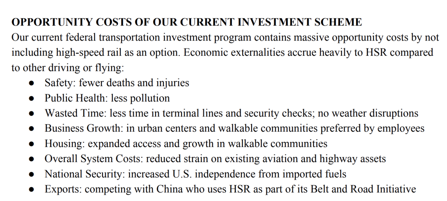 Moulton outlines the different costs the U.S. is paying for as a result of not investing in high-speed rail. Greater safety, less pollution, time savings, urban business growth, expanded housing access, lowering strain on highways and airports, lowering petroleum demand, and competing with China are all listed as benefits.  (American High Speed Rail)﻿
