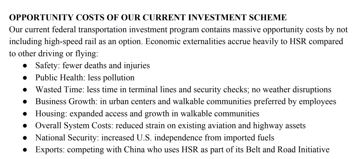 Moulton outlines the different costs the U.S. is paying for as a result of not investing in high-speed rail. Greater safety, less pollution, time savings, urban business growth, expanded housing access, lowering strain on highways and airports, lowering petroleum demand, and competing with China are all listed as benefits. (American High Speed Rail)