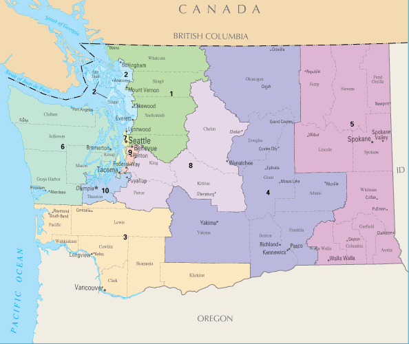 Washington has ten Congressional districts drawn as shown since 2013. The 6th covers the Olympic peninsula and a little bit of Tacoma. The 10th is Olympia and environs. The 9th is mostly South King County plus Bellevue. (State of Washington)