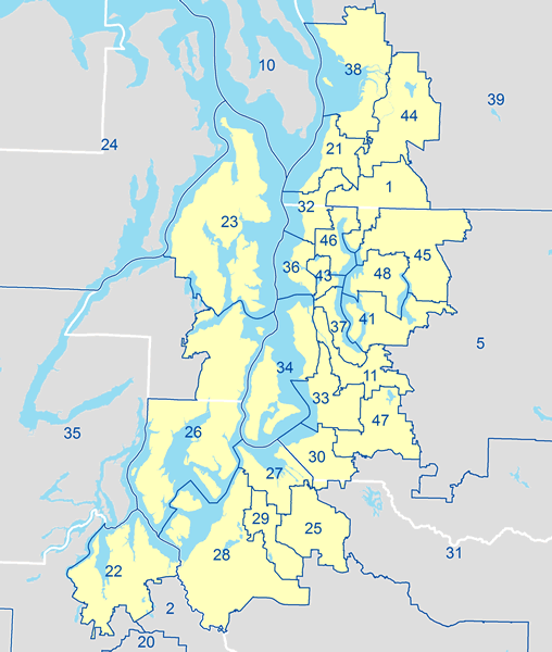 Washington state legislative districts in the Puget Sound Region. Stretches from the 22nd in Olympia north to the 38th in Marysville. (State of Washington)