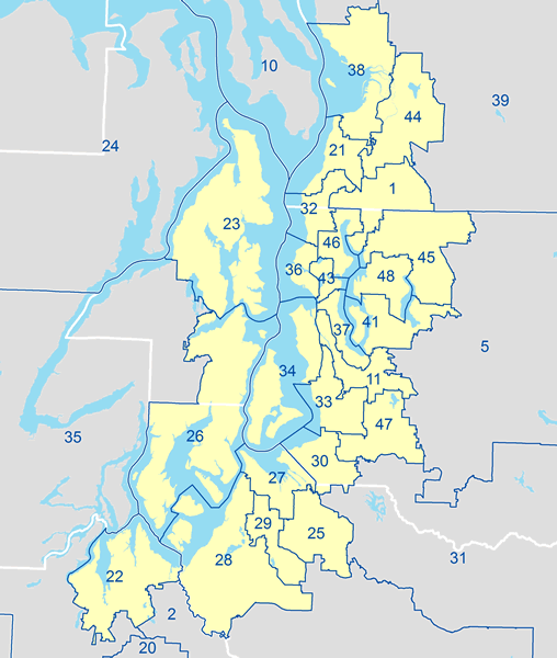 Washington state legislative districts in the Puget Sound Region. Stretches from the 22nd in Olympia north to the 38th in Marysville.  (State of Washington)