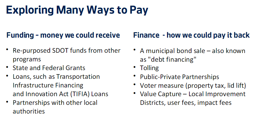 SDOT lists some "Ways to Pay" for the West Seattle Bridge fix which include repurposed SDOT funds, State and Federal grants and loans, partnerships with other authorities, debt financing, tolling, public-private partnerships, voter levies, or value capture such as local improvement district or impact fees. (SDOT)